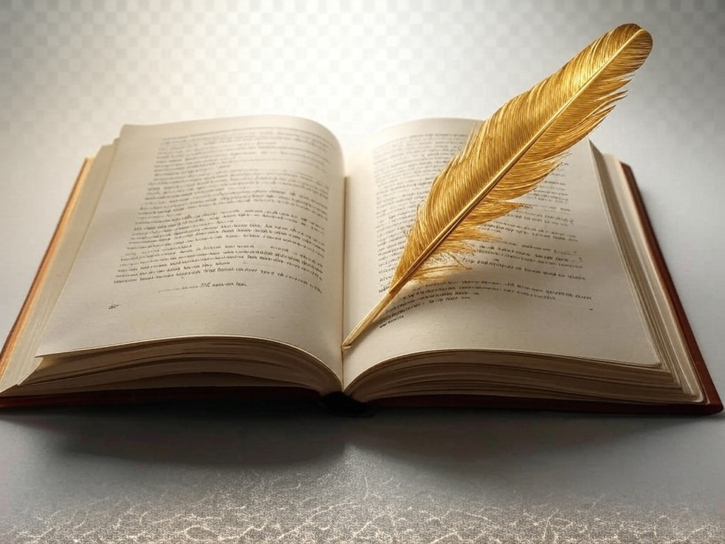 Imagen de un libro abierto con una pluma dorada sobre las páginas.

