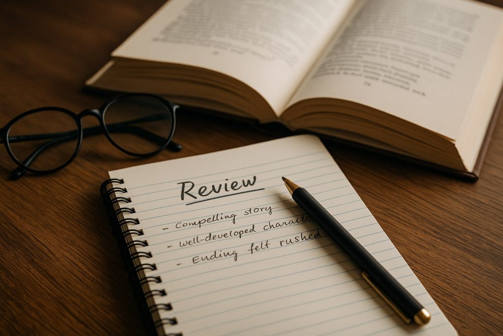 Cuaderno con la palabra “Review” escrita a mano, acompañado de un bolígrafo, un libro abierto y unas gafas negras sobre una mesa de madera.