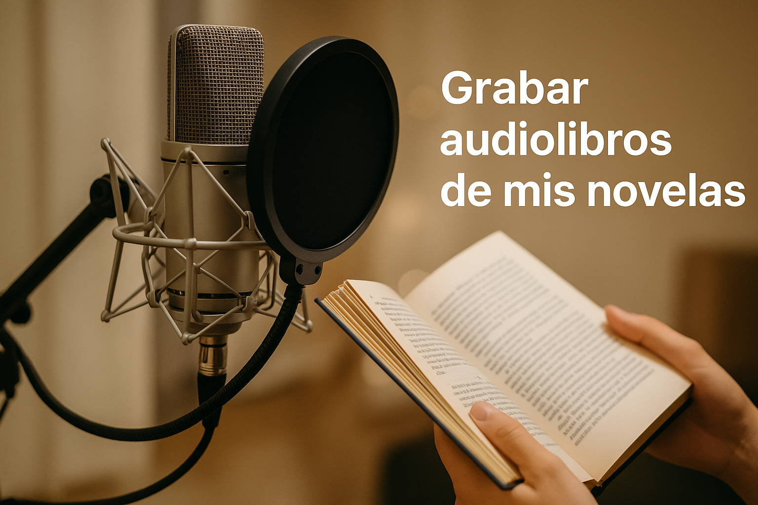 Micrófono de estudio con filtro antipop y una persona leyendo un libro, listo para grabar un audiolibro.