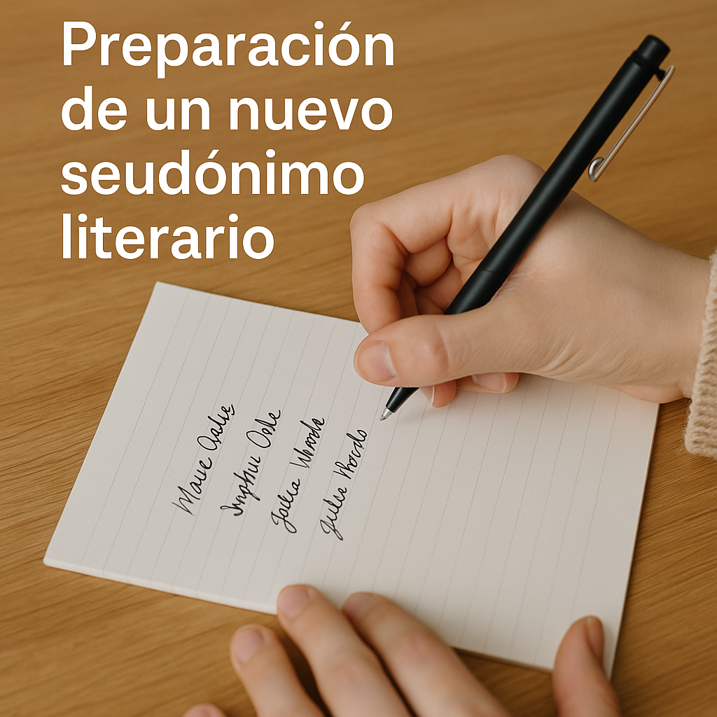 Mano escribiendo diferentes nombres ficticios en una libreta sobre una mesa de madera clara.