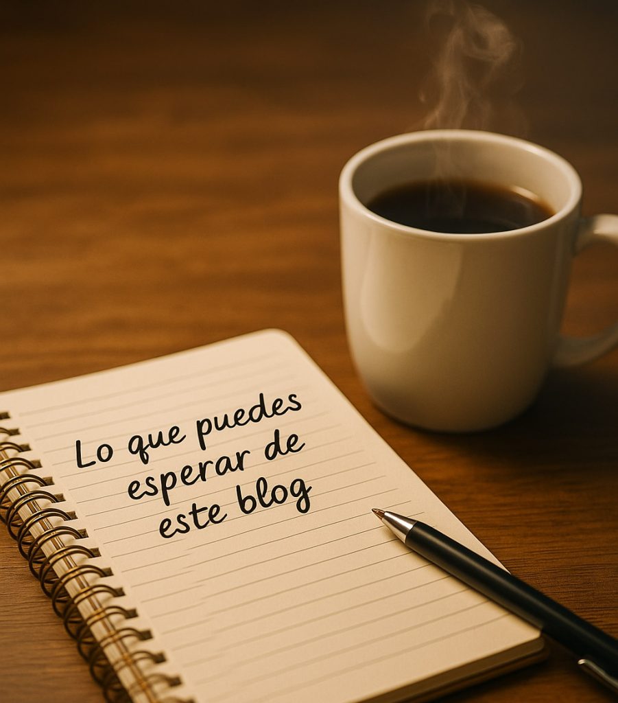 Imagen de una libreta abierta con un bolígrafo y una taza de café sobre una mesa de madera con luz cálida.