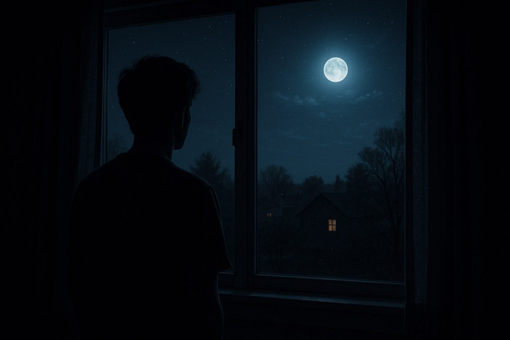Silueta de un joven observando la luna llena desde su habitación, con el cielo estrellado y casas en penumbra al fondo.
