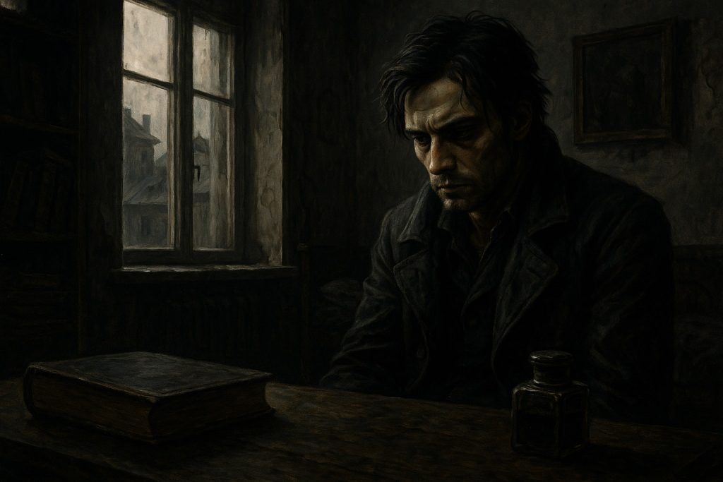 Un joven con rostro angustiado, vestido con abrigo oscuro, sentado junto a una ventana en una habitación pobremente iluminada, con un libro y un tintero sobre la mesa.