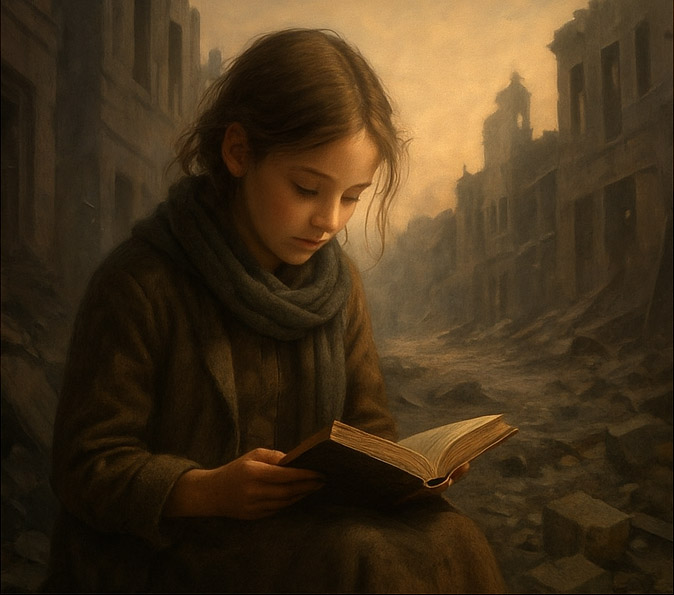 Una niña sentada entre escombros en una ciudad devastada por la guerra, absorta en la lectura de un libro.