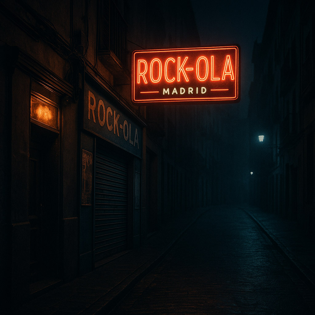 Calle oscura y desierta de Madrid con un letrero de neón del club Rock-Ola iluminando una escena nocturna con ambiente ochentero y misterioso.