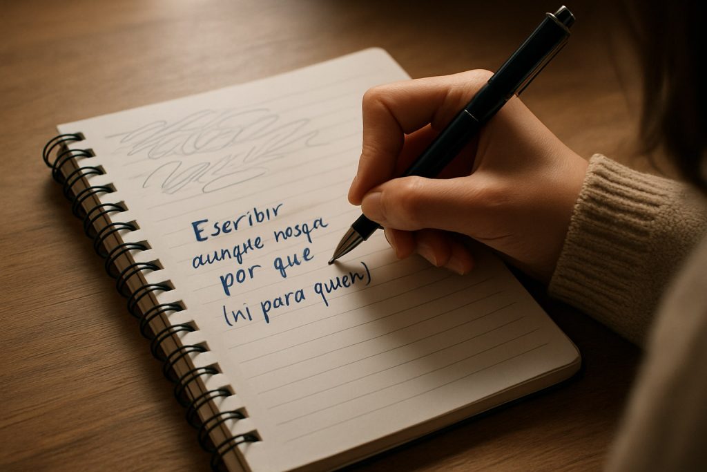 Mano femenina escribiendo en una libreta de espiral sobre una mesa de madera iluminada por luz cálida, con la frase escrita “Escribir aunque no sepas por qué (ni para quién)”