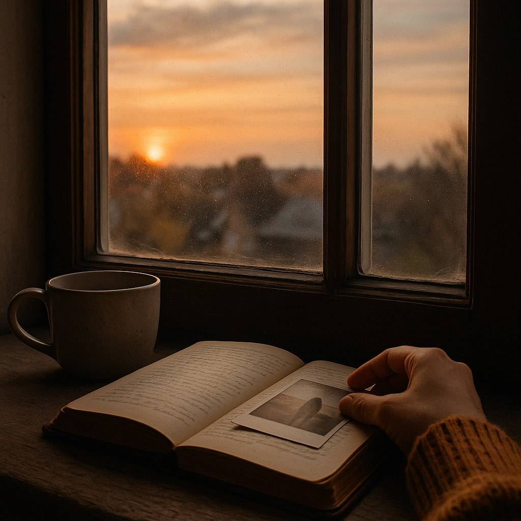 Mano tocando una fotografía sobre un diario abierto, con una taza de café junto a una ventana iluminada por la luz cálida del atardecer