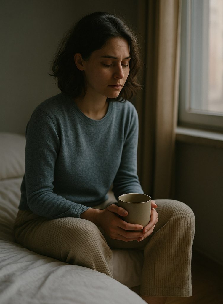 Joven sentada al borde de la cama con gesto sereno y triste, sosteniendo una taza, iluminada por la luz suave de una ventana en una habitación tranquila.