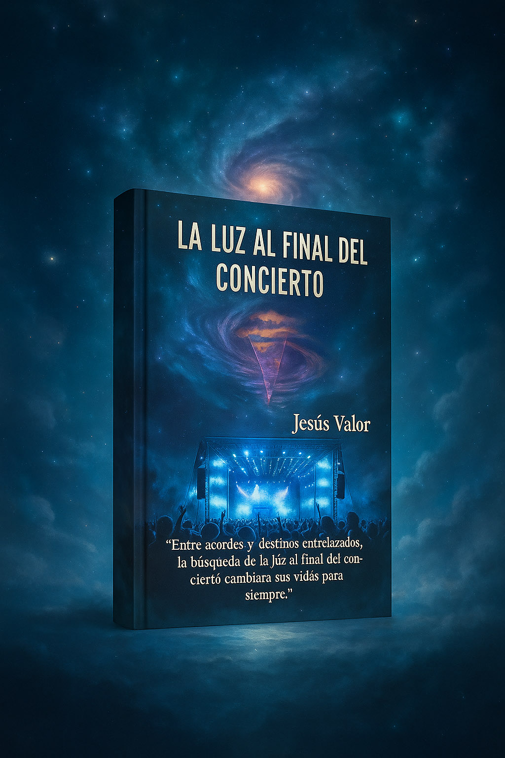 Portada del libro “La luz al final del concierto” flotando sobre un fondo celestial con nubes, estrellas y atmósfera cósmica.