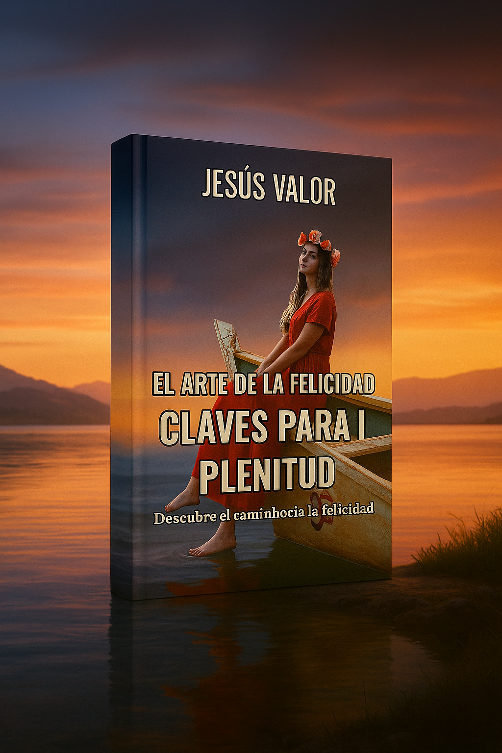 Portada del libro El arte de la felicidad de Jesús Valor, colocada sobre un paisaje al atardecer junto a un lago, con una mujer en vestido rojo sentada en una barca.
