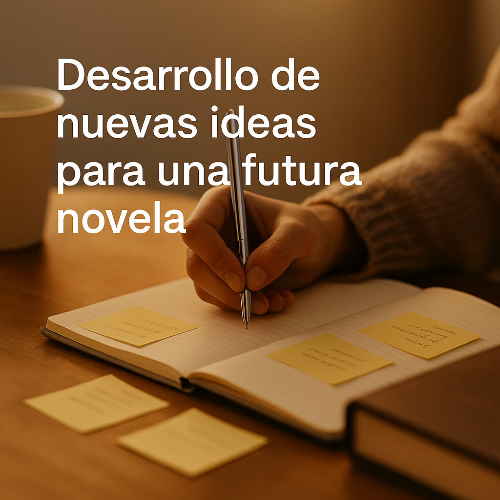 Mano escribiendo en una libreta con notas adhesivas al atardecer, reflejando un momento de inspiración creativa.