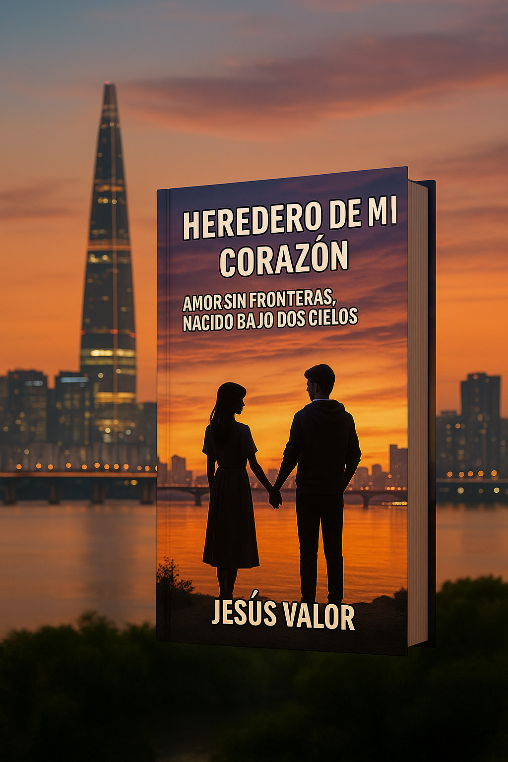 Portada del libro Heredero de mi corazón de Jesús Valor sobre un fondo al atardecer en Seúl, con una pareja de espaldas cogidos de la mano frente al río y la ciudad iluminada.