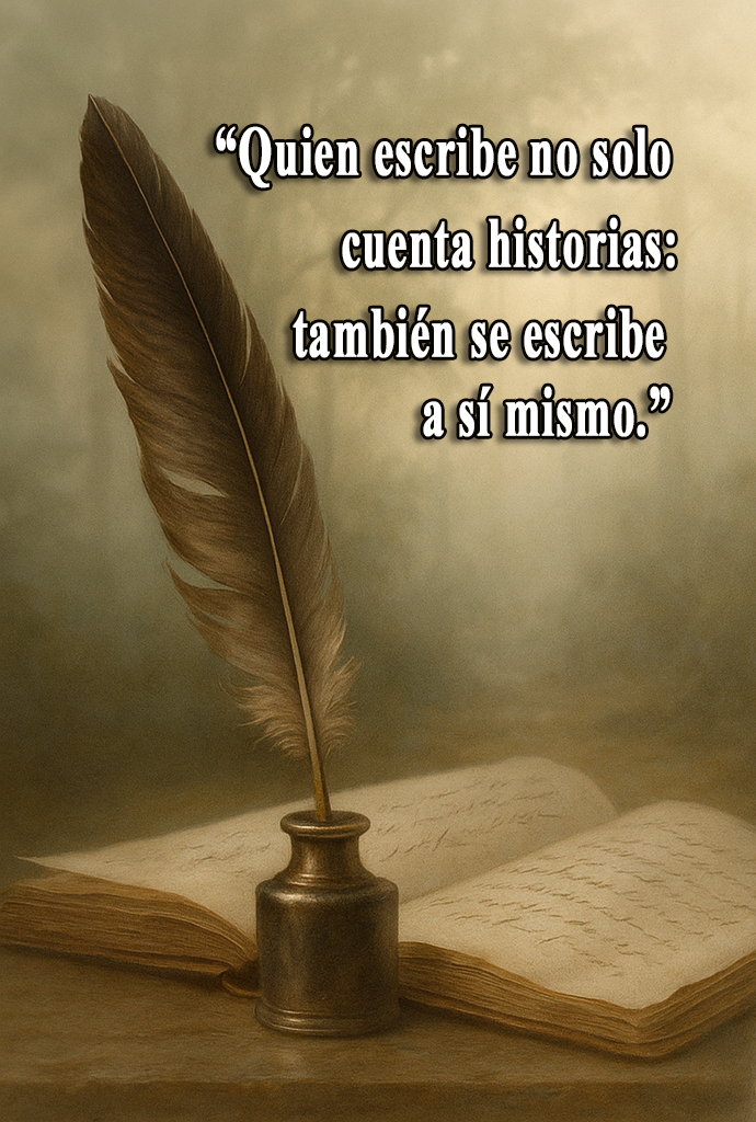 Pluma de escritura junto a un tintero y un libro abierto con la frase “Quien escribe no solo cuenta historias: también se escribe a sí mismo.”