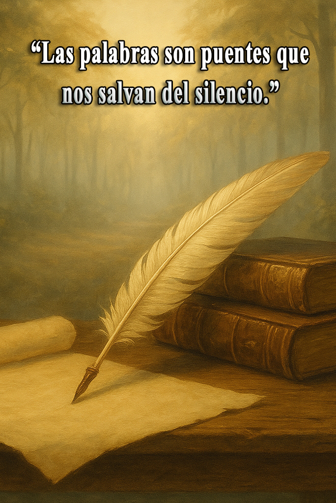 Pluma sobre pergamino con fondo de bosque y la frase “Las palabras son puentes que nos salvan del silencio.”