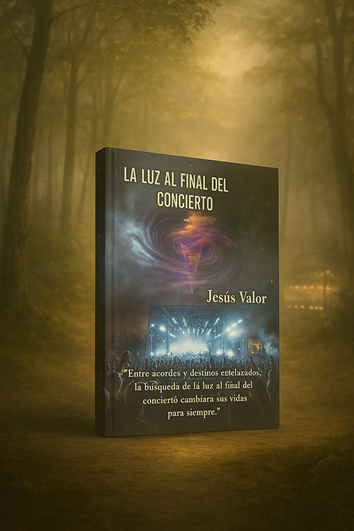 Composición artística con la portada del libro “La luz al final del concierto” de Jesús Valor sobre un fondo cósmico y mágico, ideal para su promoción.