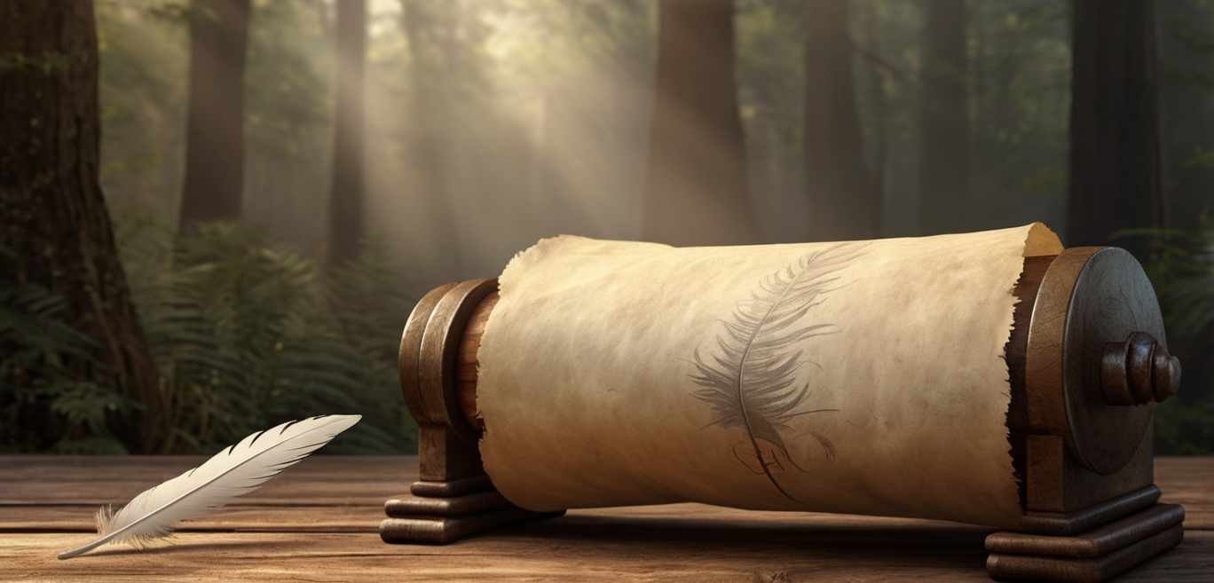 Pergamino antiguo con una pluma sobre una mesa de madera, iluminado por la luz del bosque.