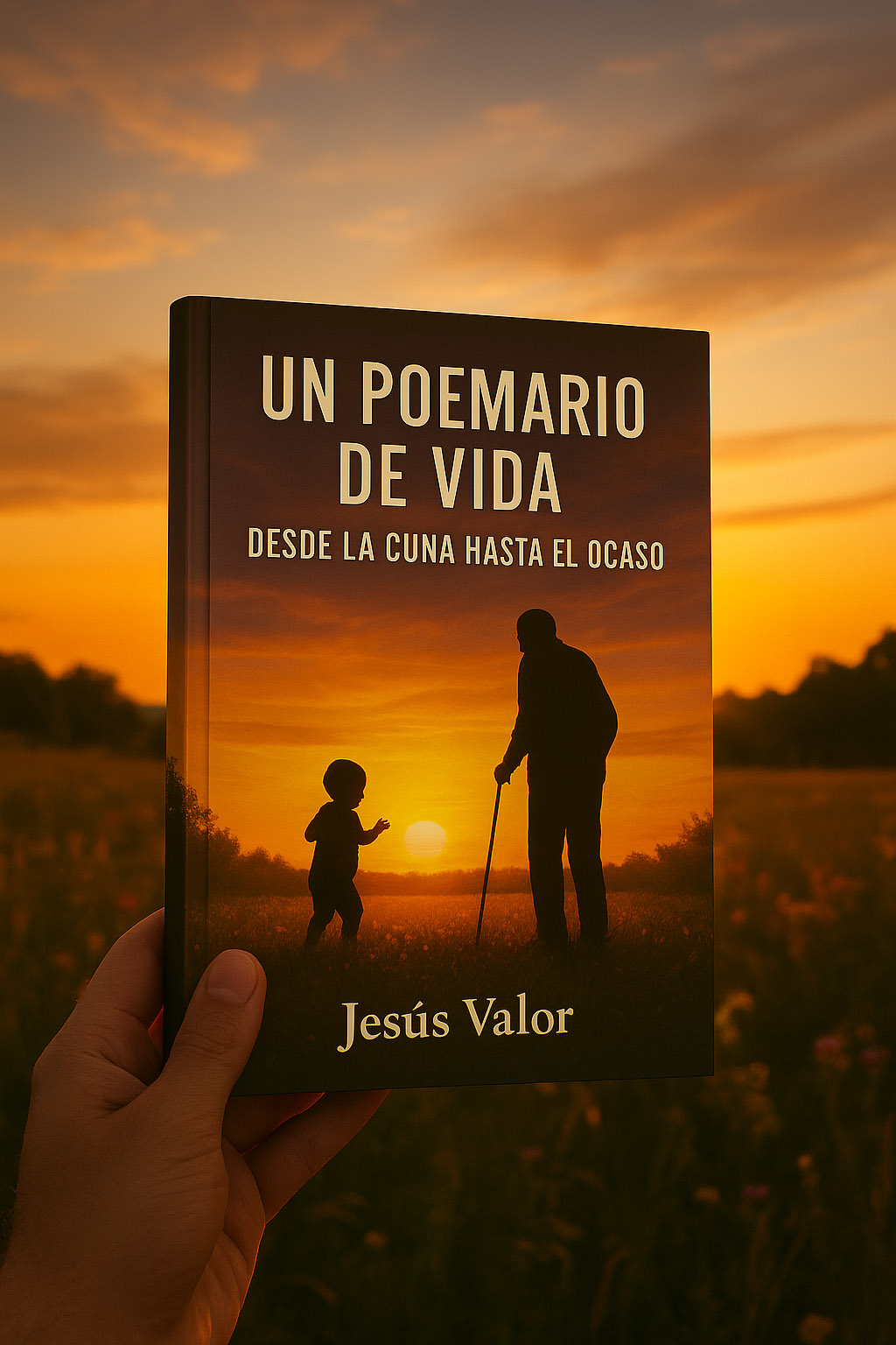 Portada del libro Un poemario de vida de Jesús Valor sostenida al atardecer, con la silueta de un niño y un anciano caminando juntos en un campo iluminado por el sol.
