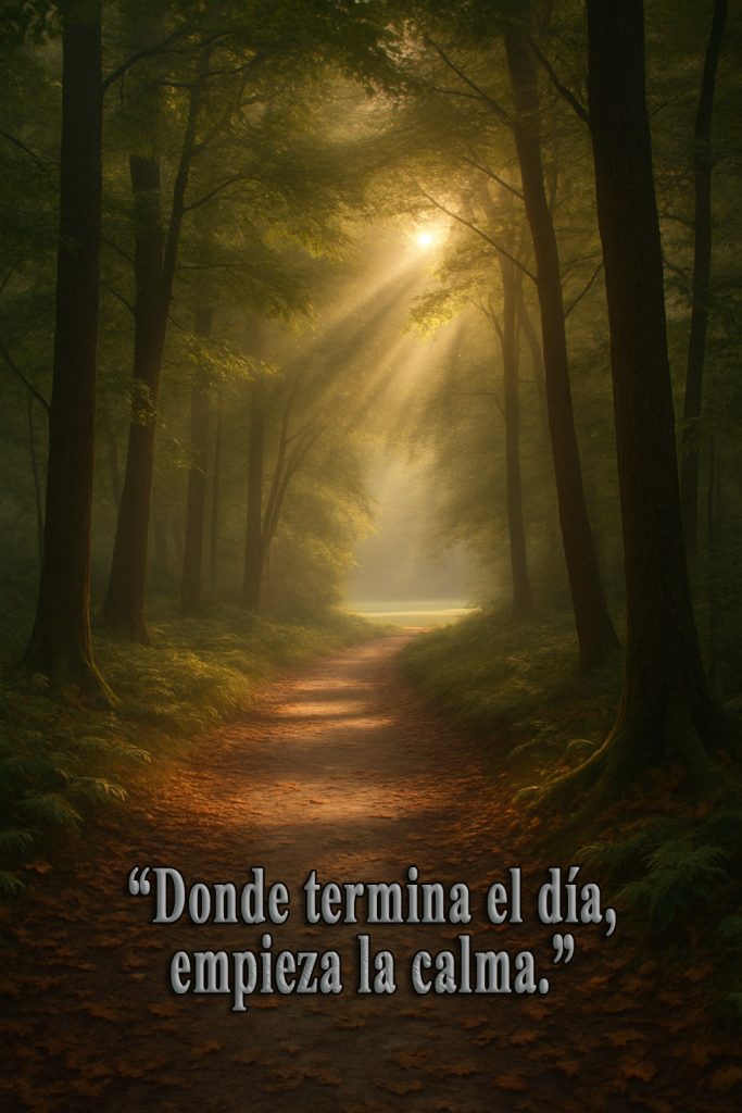 Paisaje natural con árboles y una puesta de sol dorada.