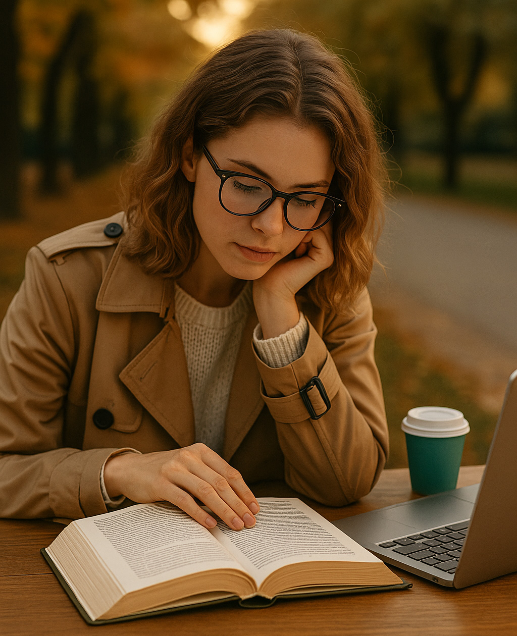 Mujer leyendo un libro al aire libre junto a un portátil y una taza de café en una escena otoñal.