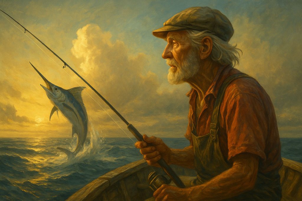 Viejo pescador en su bote al atardecer, inspirado en El viejo y el mar de Ernest Hemingway.