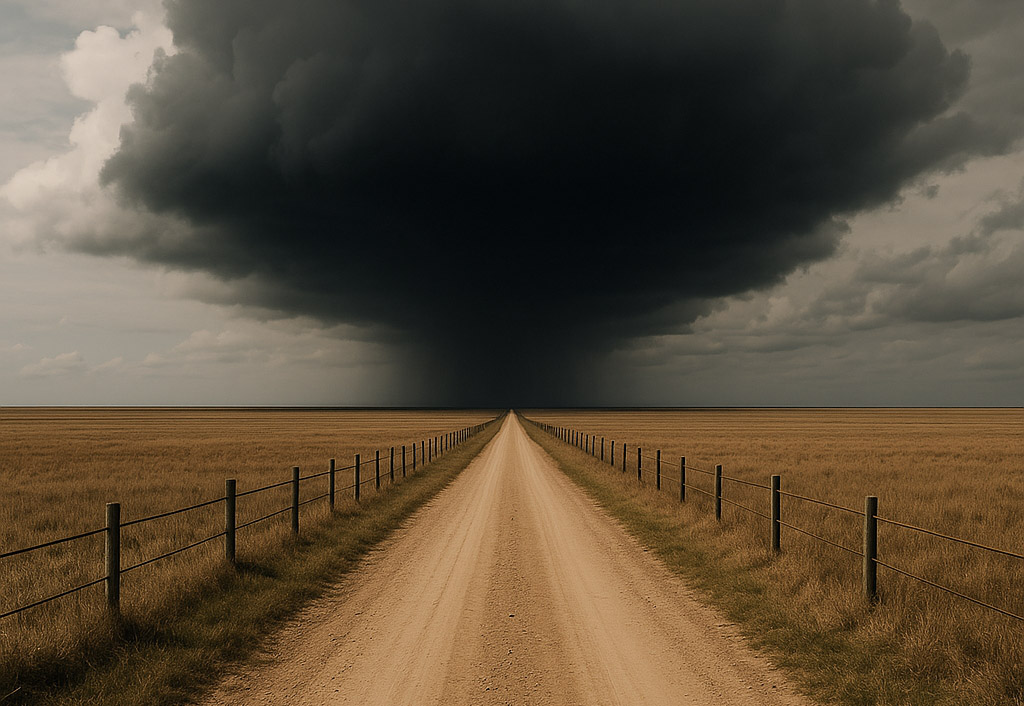 Camino de tierra recto bajo un cielo tormentoso, rodeado de campos secos.