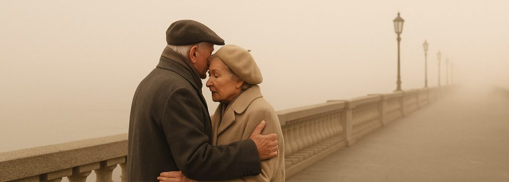 Pareja de ancianos abrazándose en un paseo marítimo envuelto en niebla.