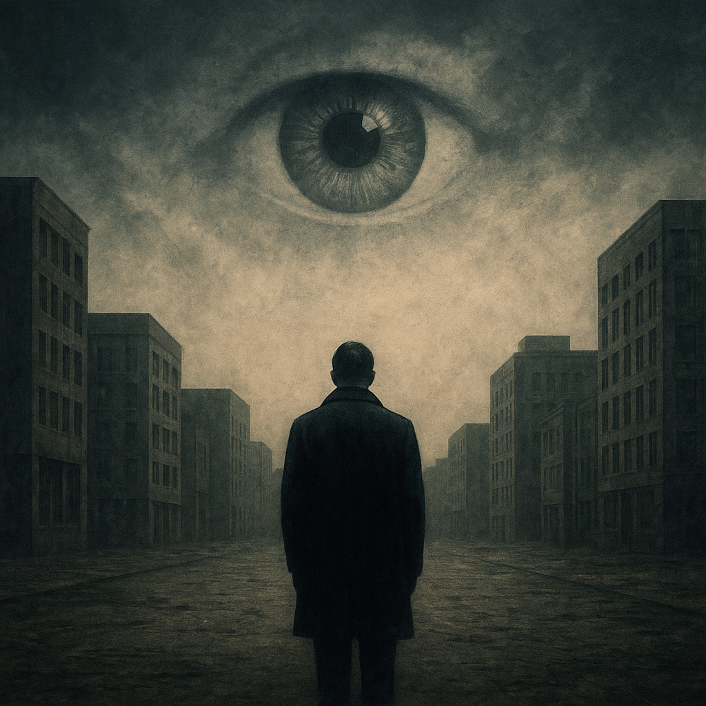 Figura solitaria frente a edificios grises bajo un cielo oscuro con un ojo vigilante.