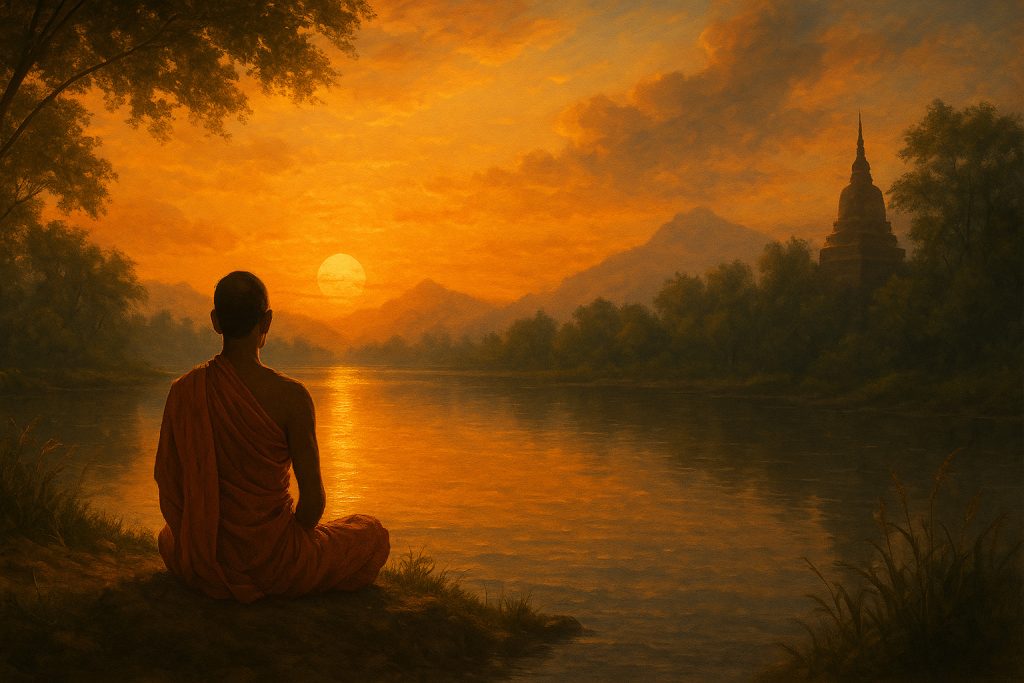Monje budista meditando al atardecer junto a un río, rodeado de naturaleza y serenidad.