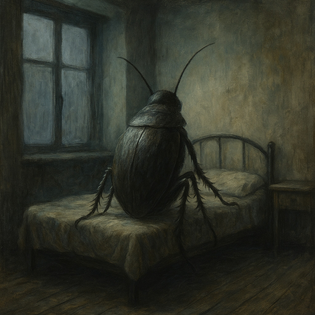 Insecto gigante sentado sobre una cama en una habitación oscura y melancólica, inspirado en la obra de Kafka.