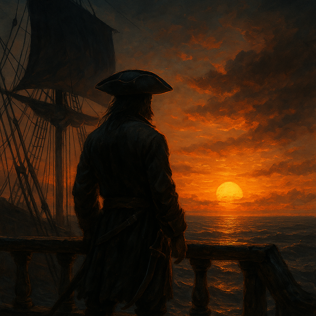 Pirata solitario mirando el mar al atardecer desde la cubierta de su barco.