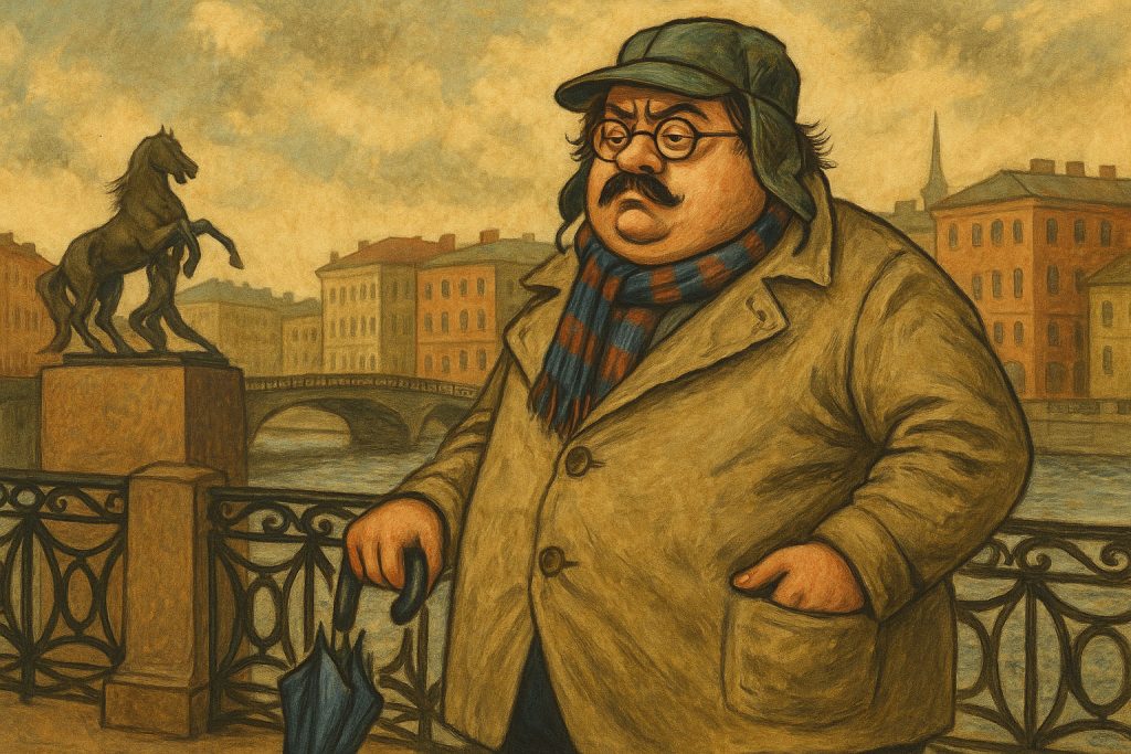 Hombre corpulento con abrigo y gorra verde frente a un puente y edificios antiguos, inspirado en Ignatius J. Reilly.