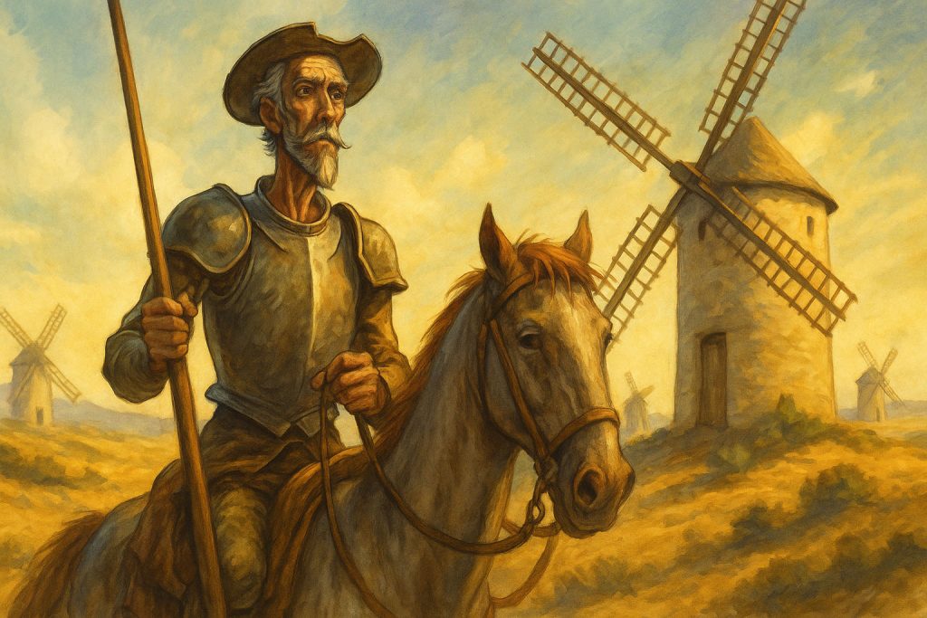 Ilustración tradicional de Don Quijote y Sancho Panza cabalgando por un camino al amanecer, rodeados de colinas y molinos de viento al fondo.