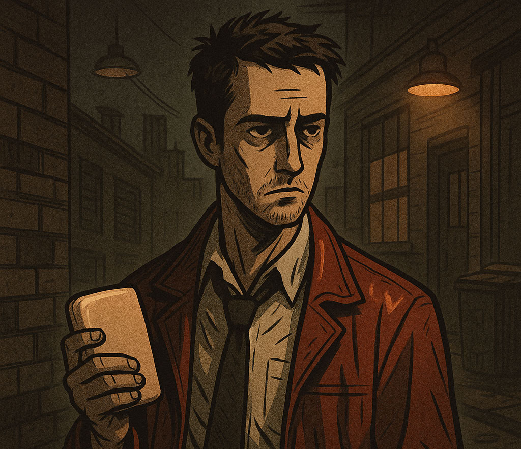 Ilustración artística que representa a dos hombres en una atmósfera tensa, uno con el rostro cubierto de sangre, en referencia a la novela El club de la lucha de Chuck Palahniuk.