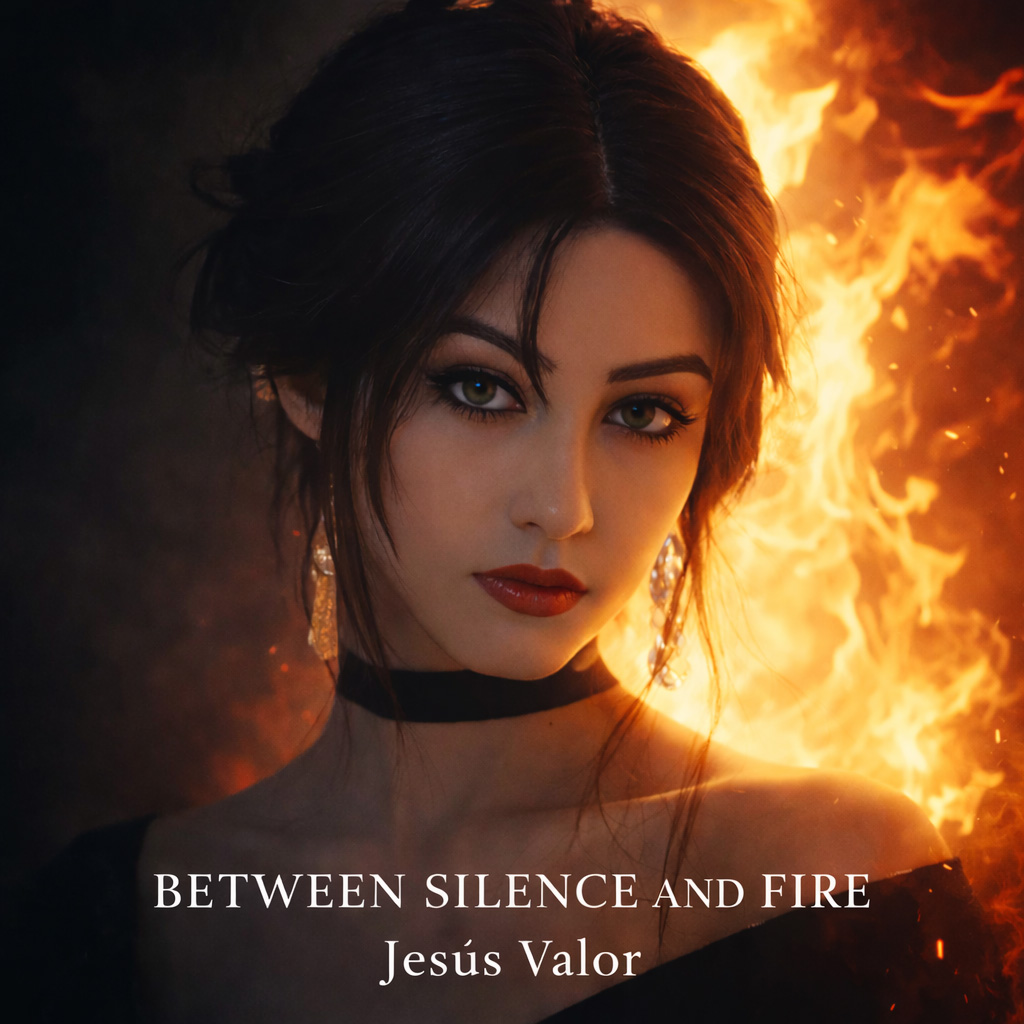 Portada del LP Between Silence and Fire, con un retrato femenino envuelto en llamas que simboliza intensidad y emoción.