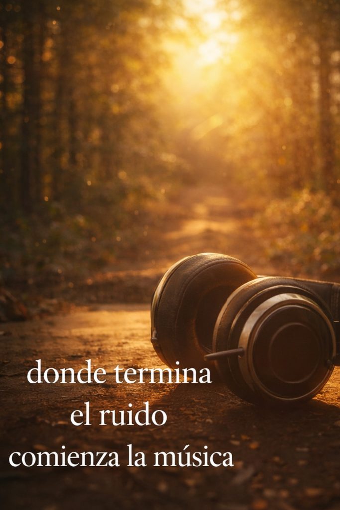 Auriculares apoyados en un camino iluminado por la luz natural, evocando el inicio de la música tras el silencio.